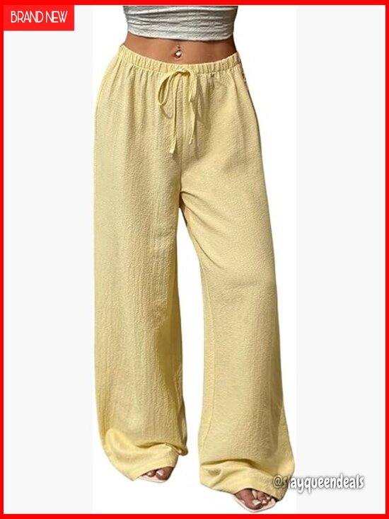 Pants - Low Rise Baggy Wide Leg Pants with Drawstring Elastic Waist